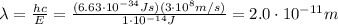 \lambda=\frac{hc}{E}=\frac{(6.63\cdot 10^{-34} Js)(3\cdot 10^8 m/s)}{1\cdot 10^{-14}J}=2.0\cdot 10^{-11} m
