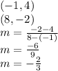 (-1,4)\\(8, -2)\\m = \frac {-2-4} {8 - (- 1)}\\m = \frac {-6} {9}\\m = - \frac {2} {3}\\