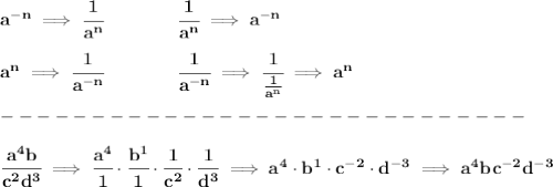 \bf a^{-{ n}} \implies \cfrac{1}{a^{ n}}\qquad \qquad&#10;\cfrac{1}{a^{ n}}\implies a^{-{ n}}&#10;\\ \quad \\&#10;%  negative exponential denominator&#10;a^{{ n}} \implies \cfrac{1}{a^{- n}}&#10;\qquad \qquad &#10;\cfrac{1}{a^{- n}}\implies \cfrac{1}{\frac{1}{a^{ n}}}\implies a^{{ n}} \\\\&#10;-----------------------------\\\\&#10;\cfrac{a^4b}{c^2d^3}\implies \cfrac{a^4}{1}\cdot \cfrac{b^1}{1}\cdot \cfrac{1}{c^2}\cdot \cfrac{1}{d^3}\implies a^4\cdot b^1\cdot c^{-2}\cdot d^{-3}\implies a^4bc^{-2}d^{-3}