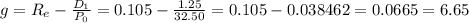 g=R_e-\frac{D_1}{P_0}=0.105-\frac{1.25}{32.50}=0.105-0.038462=0.0665=6.65