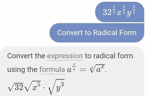 Convert the expression to simplified radical form. 32^(1/2)x^(5/2)y^(3/2)