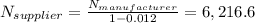 N_{supplier} = \frac{N_{manufacturer}}{1-0.012} = 6,216.6