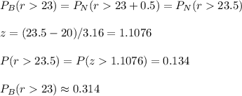 P_B(r23)=P_N(r23+0.5)=P_N(r23.5)\\\\z=(23.5-20)/3.16=1.1076\\\\P(r23.5)=P(z1.1076)=0.134\\\\P_B(r23)\approx 0.314