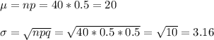 \mu=np=40*0.5=20\\\\ \sigma=\sqrt{npq} =\sqrt{40*0.5*0.5} =\sqrt{10} =3.16