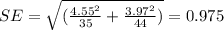 SE=\sqrt{(\frac{4.55^2}{35}+\frac{3.97^2}{44})}=0.975