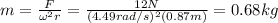 m=\frac{F}{\omega^2 r}=\frac{12 N}{(4.49 rad/s)^2 (0.87 m)}=0.68 kg