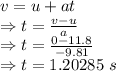 v=u+at\\\Rightarrow t=\frac{v-u}{a}\\\Rightarrow t=\frac{0-11.8}{-9.81}\\\Rightarrow t=1.20285\ s