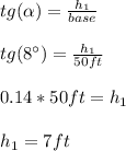 tg(\alpha )=\frac{h_{1}}{base} \\\\tg(8\°)=\frac{h_{1}}{50ft}\\\\0.14*50ft=h_1\\\\h_1=7ft