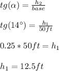 tg(\alpha )=\frac{h_{2}}{base} \\\\tg(14\°)=\frac{h_{1}}{50ft}\\\\0.25*50ft=h_1\\\\h_1=12.5ft