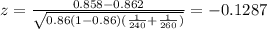 z=\frac{0.858-0.862}{\sqrt{0.86(1-0.86)(\frac{1}{240}+\frac{1}{260})}}=-0.1287