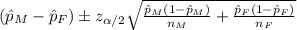(\hat p_M -\hat p_F) \pm z_{\alpha/2} \sqrt{\frac{\hat p_M(1-\hat p_M)}{n_M} +\frac{\hat p_F (1-\hat p_F)}{n_F}}