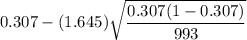 0.307-(1.645)\sqrt{\dfrac{0.307(1-0.307)}{993}}