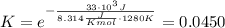K = e^{-\frac{33\cdot 10^3 J}{8.314 \frac{J}{K mol}\cdot 1280 K}} = 0.0450