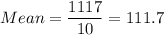 Mean =\displaystyle\frac{1117}{10} = 111.7
