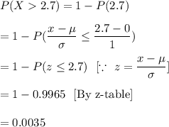 P(X2.7)=1-P(\xleq2.7)\\\\=1-P(\dfrac{x-\mu}{\sigma}\leq\dfrac{2.7-0}{1})\\\\=1-P(z\leq2.7)\ \ [\because\ z=\dfrac{x-\mu}{\sigma}]\\\\=1-0.9965\ \ [\text{By z-table}]\ \\\\=0.0035