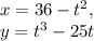 x=36-t^2,\\ y=t^3-25t
