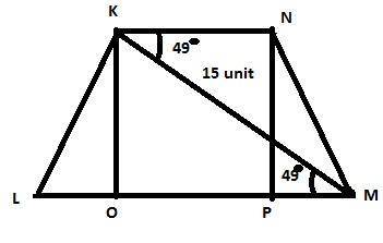 given:  klmn is a trapezoid, kl=mn, km=15, m∠mkn=49° find:  the area of klmn
