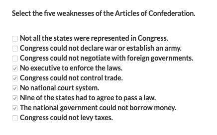 Select the five weaknesses of the articles of confederation  1.congress could not declare war or est