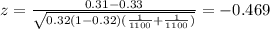 z=\frac{0.31-0.33}{\sqrt{0.32(1-0.32)(\frac{1}{1100}+\frac{1}{1100})}}=-0.469