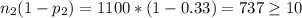 n_2(1- p_2) =1100*(1-0.33)=737 \geq 10