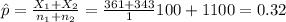 \hat p=\frac{X_{1}+X_{2}}{n_{1}+n_{2}}=\frac{361+343}1100+1100}=0.32