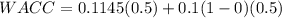 WACC = 0.1145(0.5) + 0.1(1-0)(0.5)