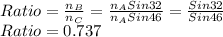 Ratio = \frac{n_{B}}{n_{C}} = \frac{n_{A} Sin32}{n_{A} Sin46} = \frac{Sin32}{Sin46}\\Ratio = 0.737