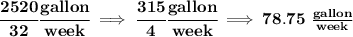 \bf \cfrac{2520}{32}\cfrac{gallon}{week}\implies \cfrac{315}{4}\cfrac{gallon}{week}\implies 78.75~\frac{gallon}{week}