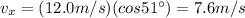 v_x = (12.0 m/s)(cos 51^{\circ})=7.6 m/s