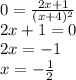 0=\frac{2x+1}{(x+4)^2}\\2x+1=0\\2x=-1\\x=-\frac{1}{2}