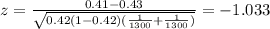 z=\frac{0.41-0.43}{\sqrt{0.42(1-0.42)(\frac{1}{1300}+\frac{1}{1300})}}=-1.033