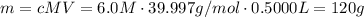 m = cMV = 6.0 M\cdot 39.997 g/mol\cdot 0.5000 L = 120 g