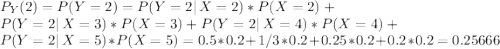 P_Y(2) = P(Y=2) = P(Y=2 | \, X = 2) * P(X=2) + \\P(Y=2| \, X=3) * P(X=3) + P(Y=2 | \, X=4) * P(X=4) + \\P(Y=2 | \, X=5)*P(X=5) = 0.5*0.2+1/3*0.2+0.25*0.2+0.2*0.2 = 0.25666