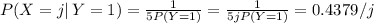 P(X=j| \, Y=1) = \frac{1}{5P(Y=1)} = \frac{1}{5jP(Y=1)} = 0.4379/j
