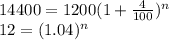 14400=1200(1+\frac{4}{100})^{n}\\12=(1.04)^{n}\\