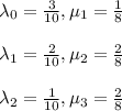 \lambda_0=\frac{3}{10}, \mu_1=\frac{1}{8}\\\\ \lambda_1=\frac{2}{10}, \mu_2=\frac{2}{8}\\\\ \lambda_2=\frac{1}{10}, \mu_3=\frac{2}{8}