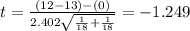t=\frac{(12 -13)-(0)}{2.402\sqrt{\frac{1}{18}+\frac{1}{18}}}=-1.249