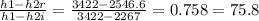 \frac{h1-h2r}{h1-h2i}=\frac{3422-2546.6}{3422-2267} =0.758=75.8%