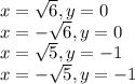 x=\sqrt{6}, y=0\\ x=-\sqrt{6} , y=0\\x=\sqrt{5} , y=-1\\x=-\sqrt{5} , y=-1