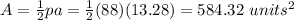A=\frac{1}{2}pa=\frac{1}{2}(88)(13.28)=584.32\ units^2