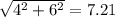 \sqrt{4^{2} + 6^{2}} = 7.21