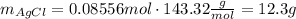 m_{AgCl}=0.08556 mol\cdot143.32 \frac{g}{mol}=12.3 g