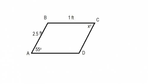 In parallelogram abcd,the measure of angle a=55°,line segment ab=2.5 feet and line segment bc =1 foo