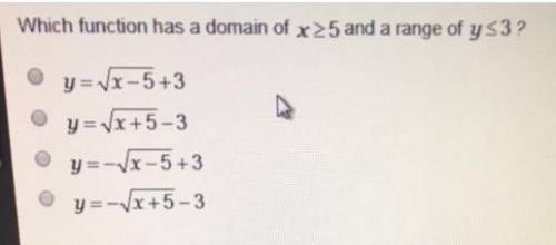 Which function has a domain of x> _5 and a range of y< _3?