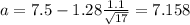 a=7.5 -1.28\frac{1.1}{\sqrt{17}}= 7.158