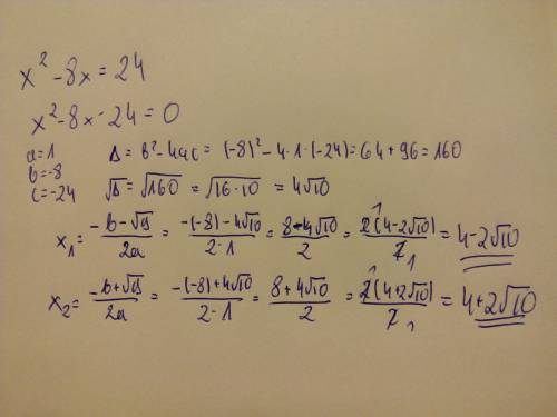 X^2-8x=24 what is the solution of this equation