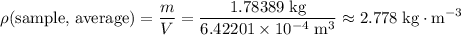 \displaystyle \rho(\text{sample, average}) = \frac{m}{V} = \rm \frac{1.78389\; kg}{6.42201 \times 10^{-4}\; m^{3}} \approx 2.778\; kg \cdot m^{-3}