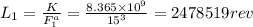 L_1=\frac {K}{F_1^{a}}=\frac {8.365\times 10^{9}}{15^{3}}=2478519 rev