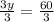 \frac{3y}{3}=\frac{60}{3}