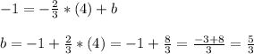 -1=-\frac{2}{3}*(4)+b\\\\b=-1+\frac{2}{3}*(4)=-1+\frac{8}{3}=\frac{-3+8}{3}=\frac{5}{3}